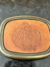 Vintage Stroh  s Brewery Brass Leather Belt Buckle Fire Brewed Beer