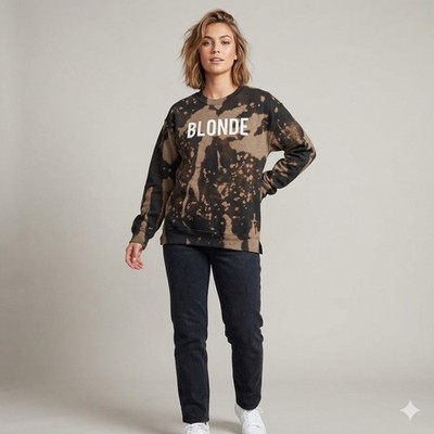 Gilden Size S bleach-dyed crewneck sweatshirt Screen Print  ''BLONDE'' Distressed