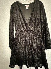 City Vibe Dress Womens Small Black Velvet Burnout Floral Wrap Long Sleeve Short