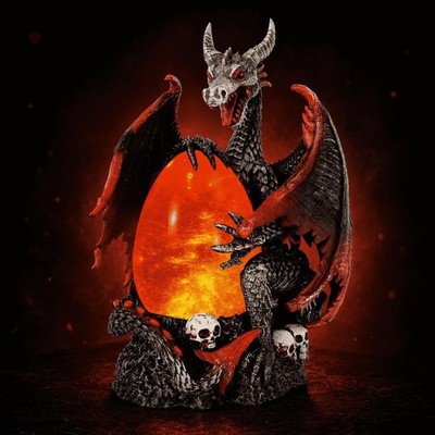 Fire Dragon Glitter Globe Statue, 11.75 Inch Dragon Egg Night Light with Skul...