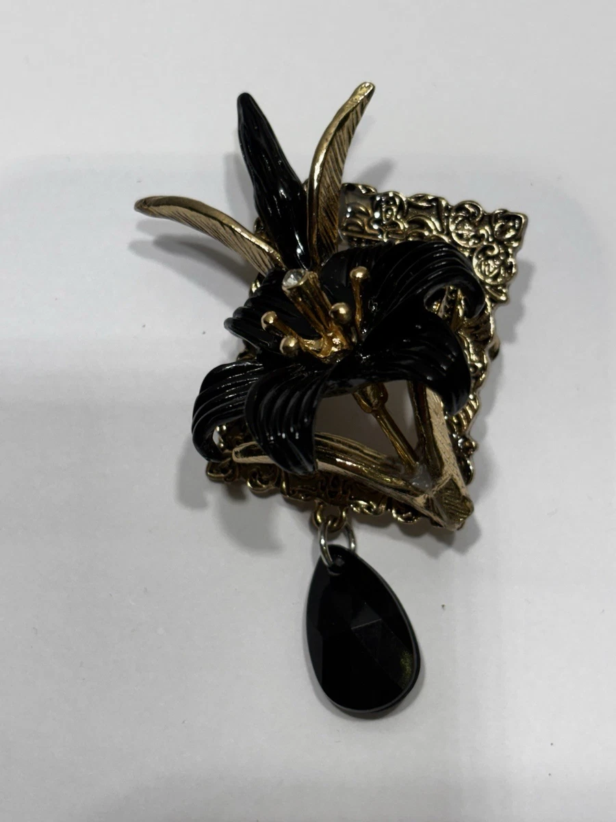 Blume Brosche/Anstecknadel gold/schwarz Metall 1 Stein tropfenförmiger Anhänger