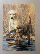 Vintage Metal Sign Lynn Kaatz Yellow And Chocolate Lab Puppies 11x16 Made In USA