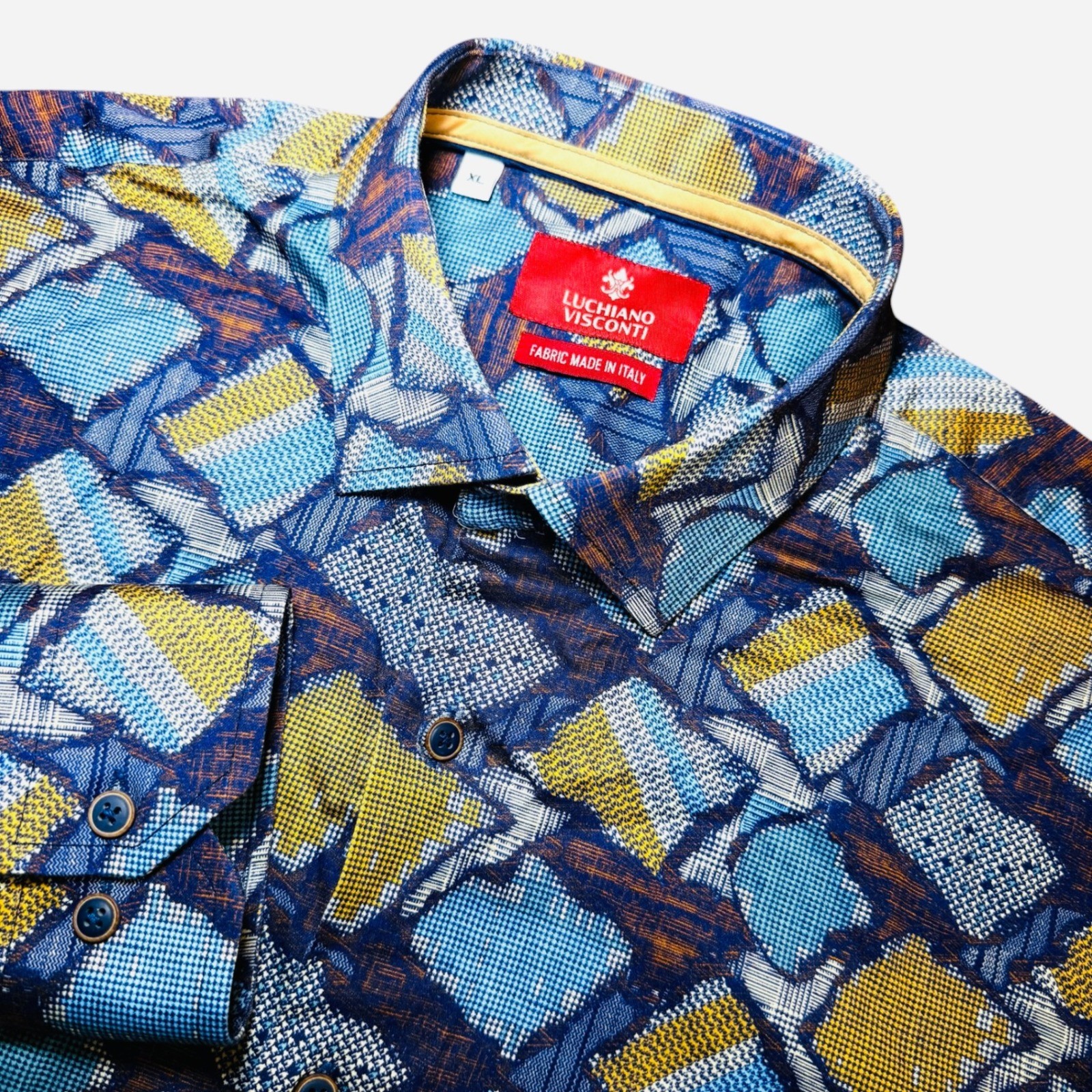 Luchiano Visconti Mens XL Blue Gold Abstract Print Button Down Shirt Long Sleeve
