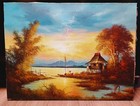 Vintage Oil Painting Southeast Asian River Scene Stilt House Sunset Landscape — photo 1