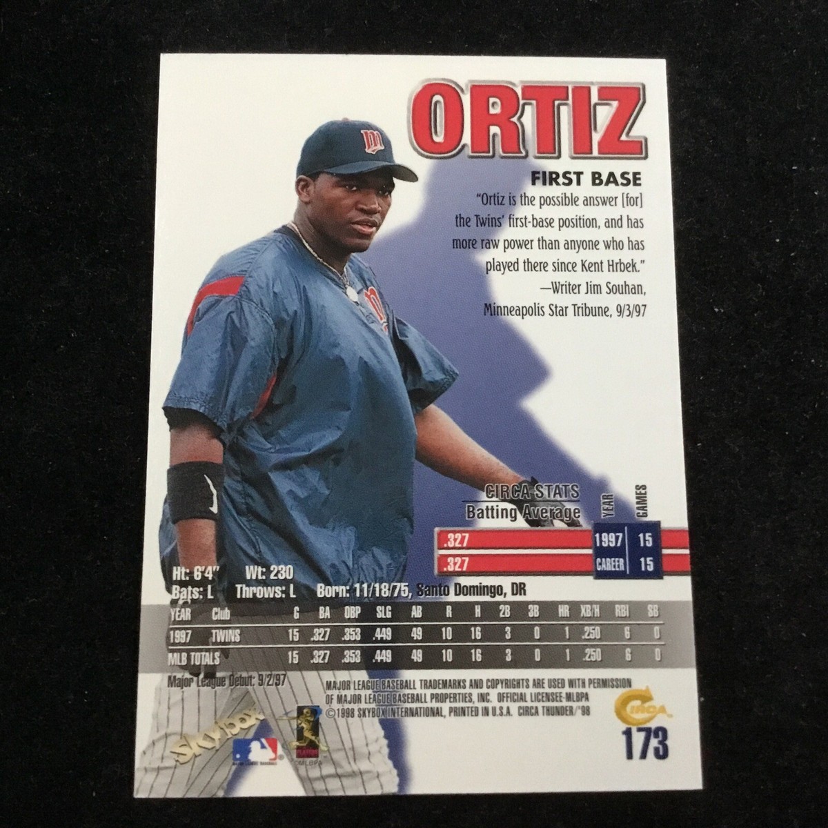 1998 Skybox Circa Thunder #173 David Ortiz HOF Minnesota Twins | eBay