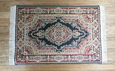 Dollhouse Rug Large Navy Blue & Gold 8 1/2'' x 5 5/8'' with Fringe 1:12 Scale