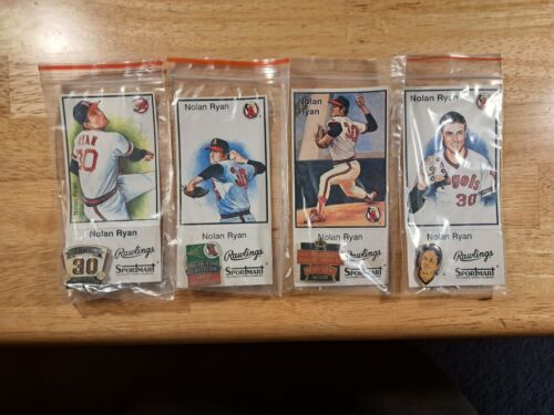 NOLAN RYAN NO-HITTER SET OF 4 PINS WITH CARDS RAWLINGS SPORTMART ANGELS