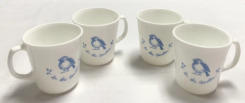 Corelle Corning Ware "In the Garden" Bird Blue Coffee Mugs Cups Set Of 4 Vintage
