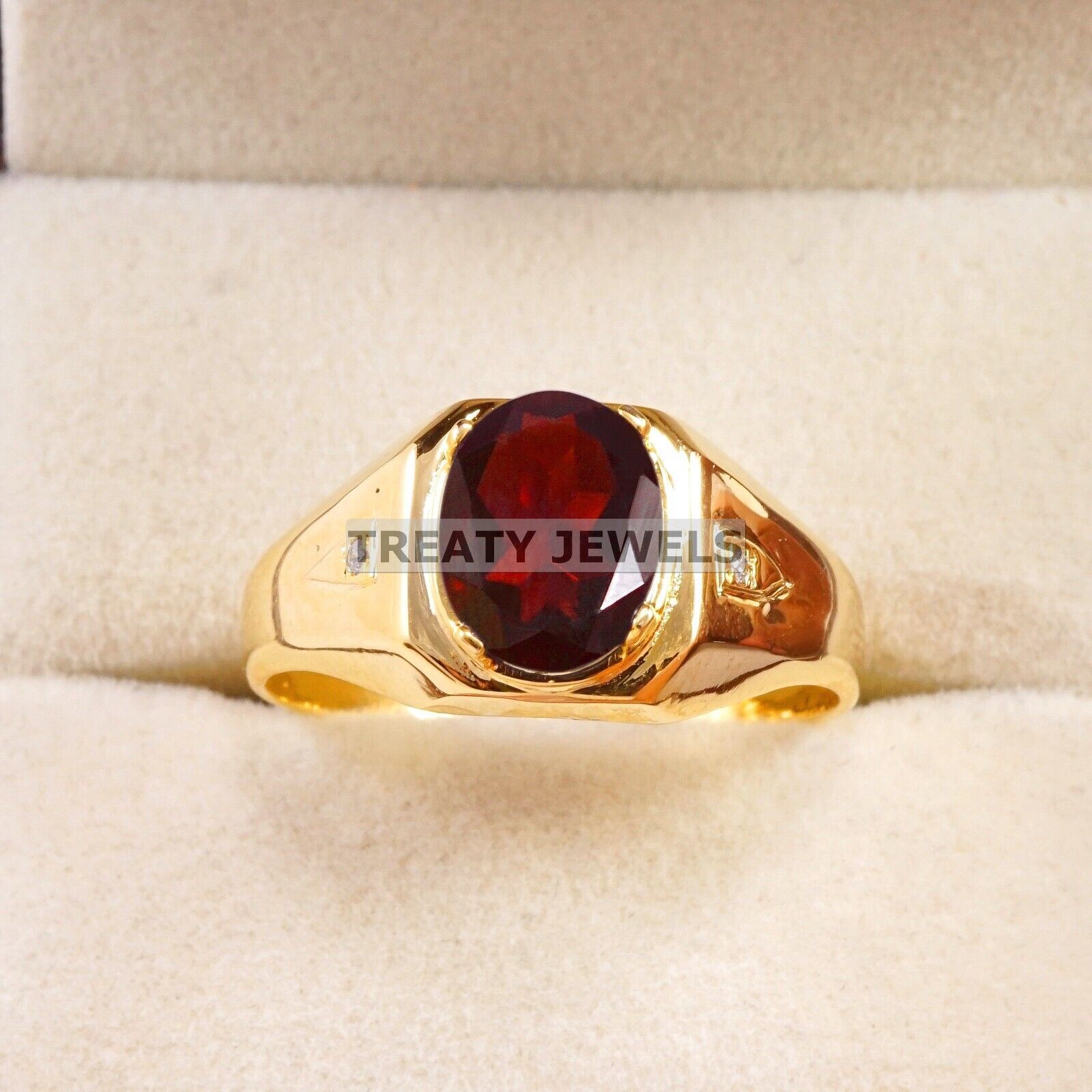 Garnet Oval Cut With 925 Sterling Silver Gold Plated Ring For Men's #B98 *