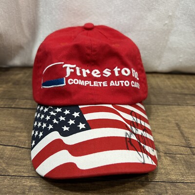 Firestone Complete Auto Care Flag USA Red Adjustable Baseball Cap Hat Autograph
