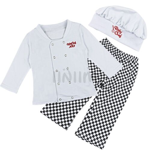 3PCS Baby Boy Girl Cook Chef Outfit Costume Set Top Shirt Pants Hat Halloween - Picture 1 of 7