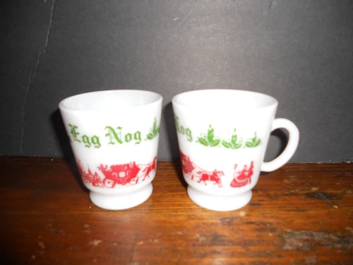 Vintage Tom and Jerry Egg Nog Milk Glass Holiday Cup Set of 2 Hazel Atlas