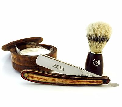 4 PC WET SHAVING WOOD SET - CUT THROAT STRAIGHT RAZOR, BOWL, SOAP & BRUSH