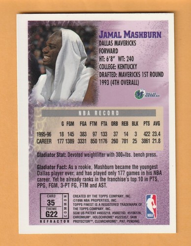 Jamal Mashburn Dallas Mavericks 1996-97 Finest Refractor Kentucky Wildcats 4O - Imagen 2 de 2