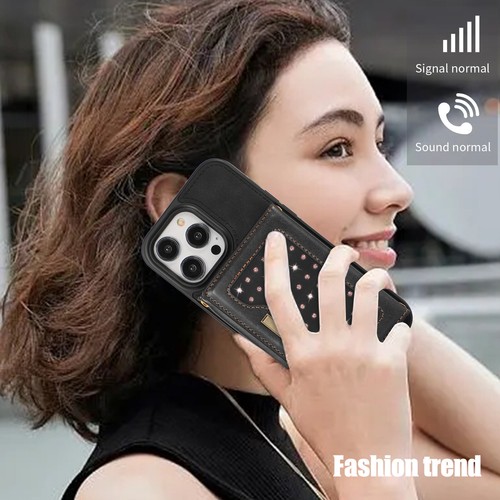 For iPhone 15 Pro Max 14 12 11 XR 8 Diamond Leather Wallet Lanyard Cover Case - Picture 22 of 72