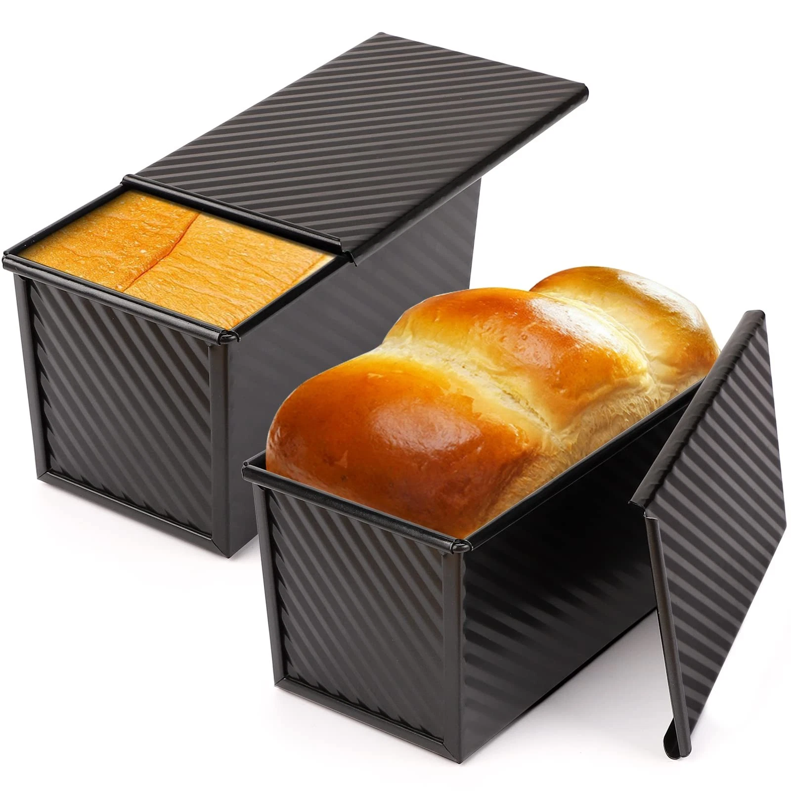 Pullman Loaf Pan with Lid, 2 Pack 1 lb Non-Stick Black Sandwich Bread Loaf Pa...