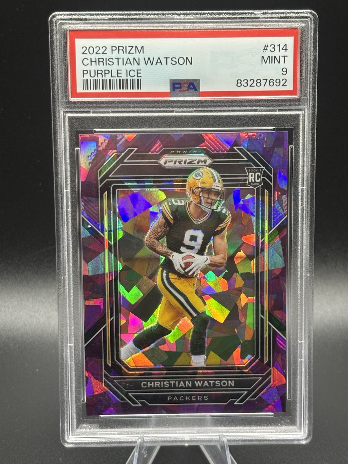 Christian Watson #314 /225 Purple Ice PSA 9 2022 Panini Prizm - Packers