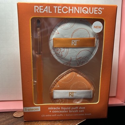 REAL TECHNIQUES 3piece Miracle Liquid Puff Duo + Concealer Brush Set NIB 