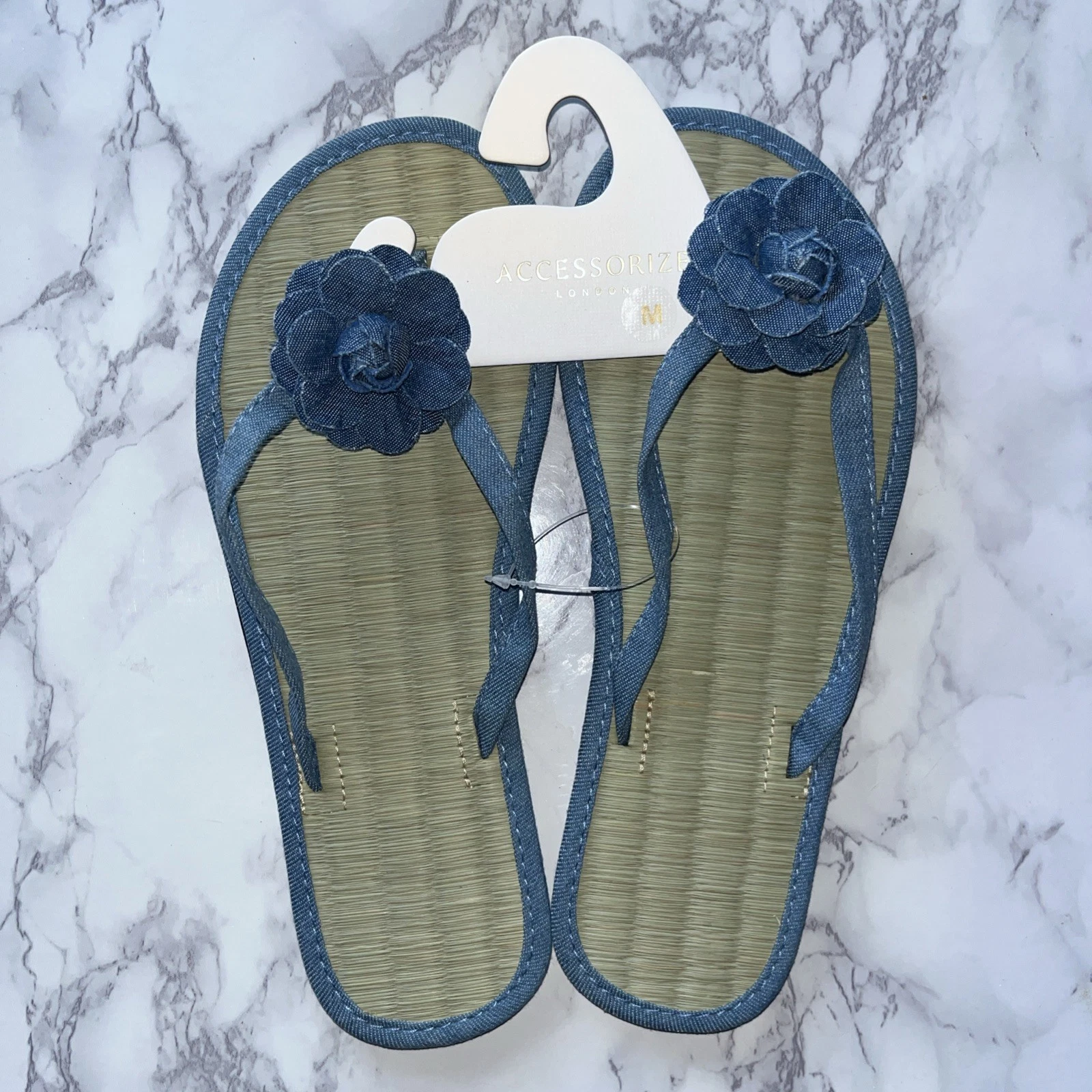 Accessorize Monsoon Ladies Seagrass Flip Flops Size M UK 5 6 Blue Denim Corsage
