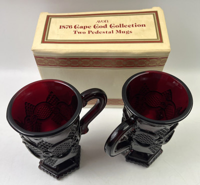 Set Of 2 Avon Cape Cod Ruby Red Pedestal Coffee Mugs NEW Vintage Pressed Glass