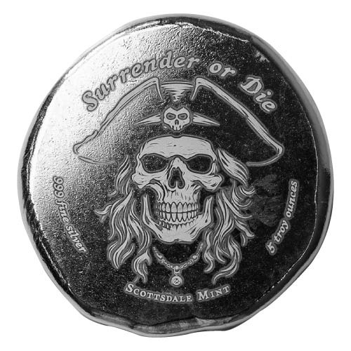 5 oz Scottsdale teschio pirata arrendersi o morire pulsante argento - Foto 1 di 2