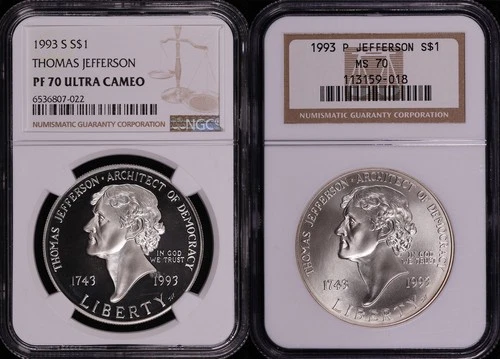 1993-P&S Thomas Jefferson Silver Dollar Commemorative Set NGC MS-70 & PF-70 UC