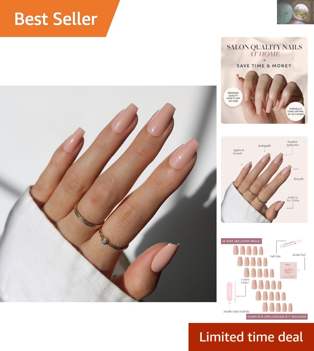 Professional-Quality Press On Nails - Medium Coffin Style, 30 Nails Set