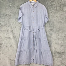 Cynthia Rowley Dress Large Blue Linen Button Front Tiered Coastal Beach Chambray