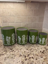 Atapco 1970's Aluminum Canisters Set Nesting White & Avocado Green Flower Daisy