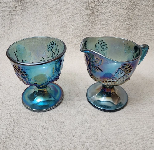 Vintage Indiana Carnival Glass Iridescent Blue Harvest Grape Sugar & Creamer Set