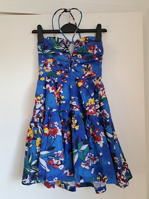 Anthropologie Emily Dress XS Womens Blue Floral Halter Mini Shirred  BNWT