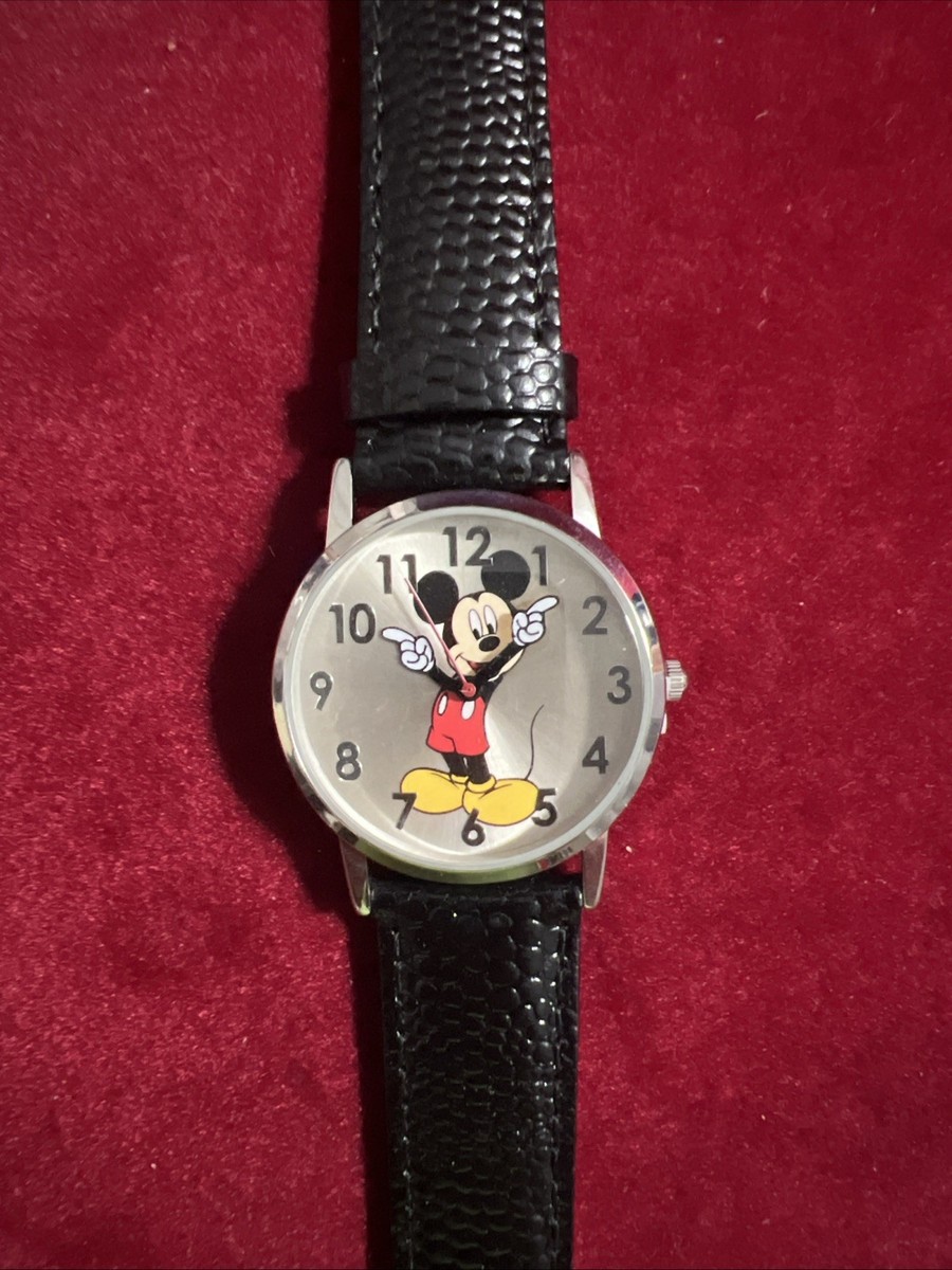 Disney Mickey Mouse Molded-Hands Black Watch, Genuine Leather