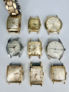 9 Antique Vintage Watch Lot Hamilton Longines Gruen Bulova Benrus Some Working