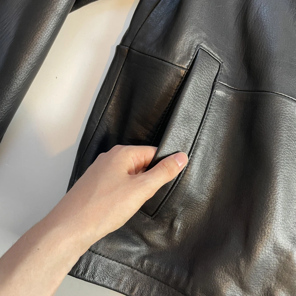 Brooks Brothers Mens Black 100% Leather Full Zip Overcoat Bomber Jacket Large - Image 3 of 4