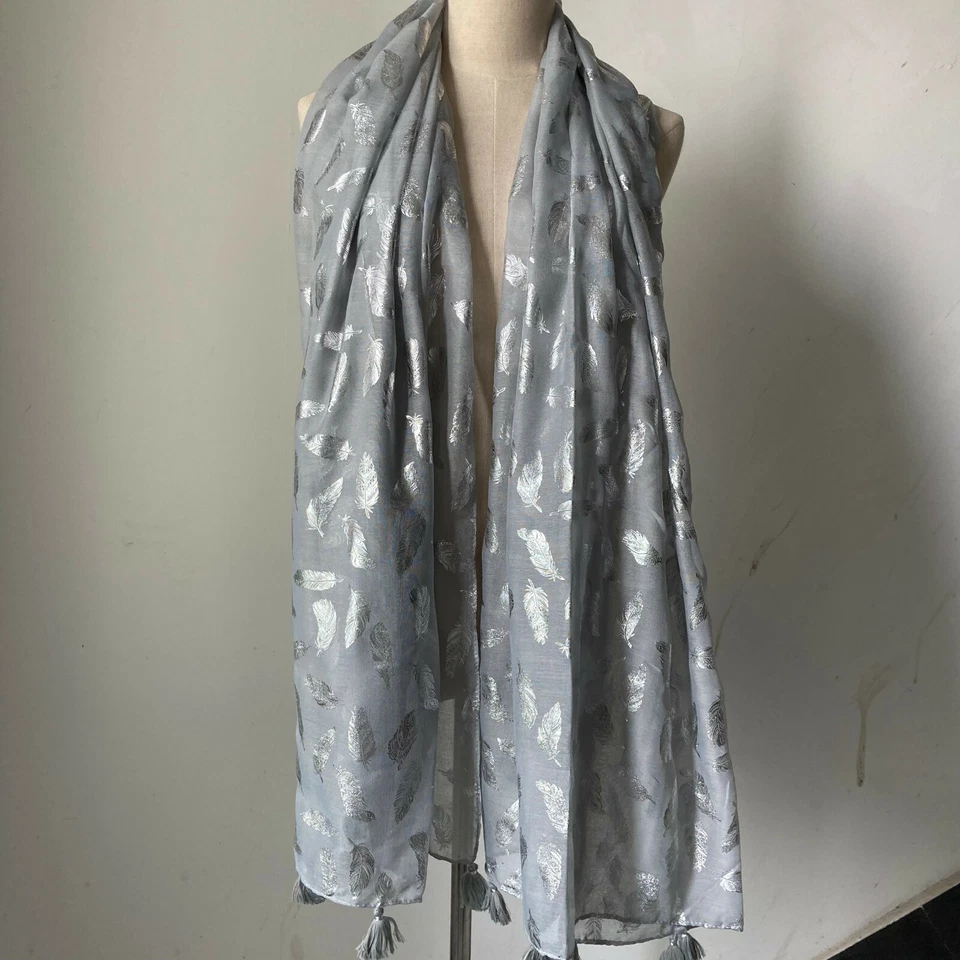 Mujer Brillo Metálico Plata Pluma Bufanda Borla Mantón Largo Pashmina Estola Foto 3 de 4