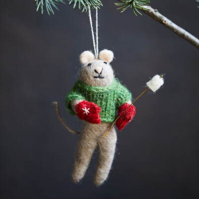 Anthropologie Felted Friends Mouse Ornament Campfire Crew Wool Smores Fire NEW