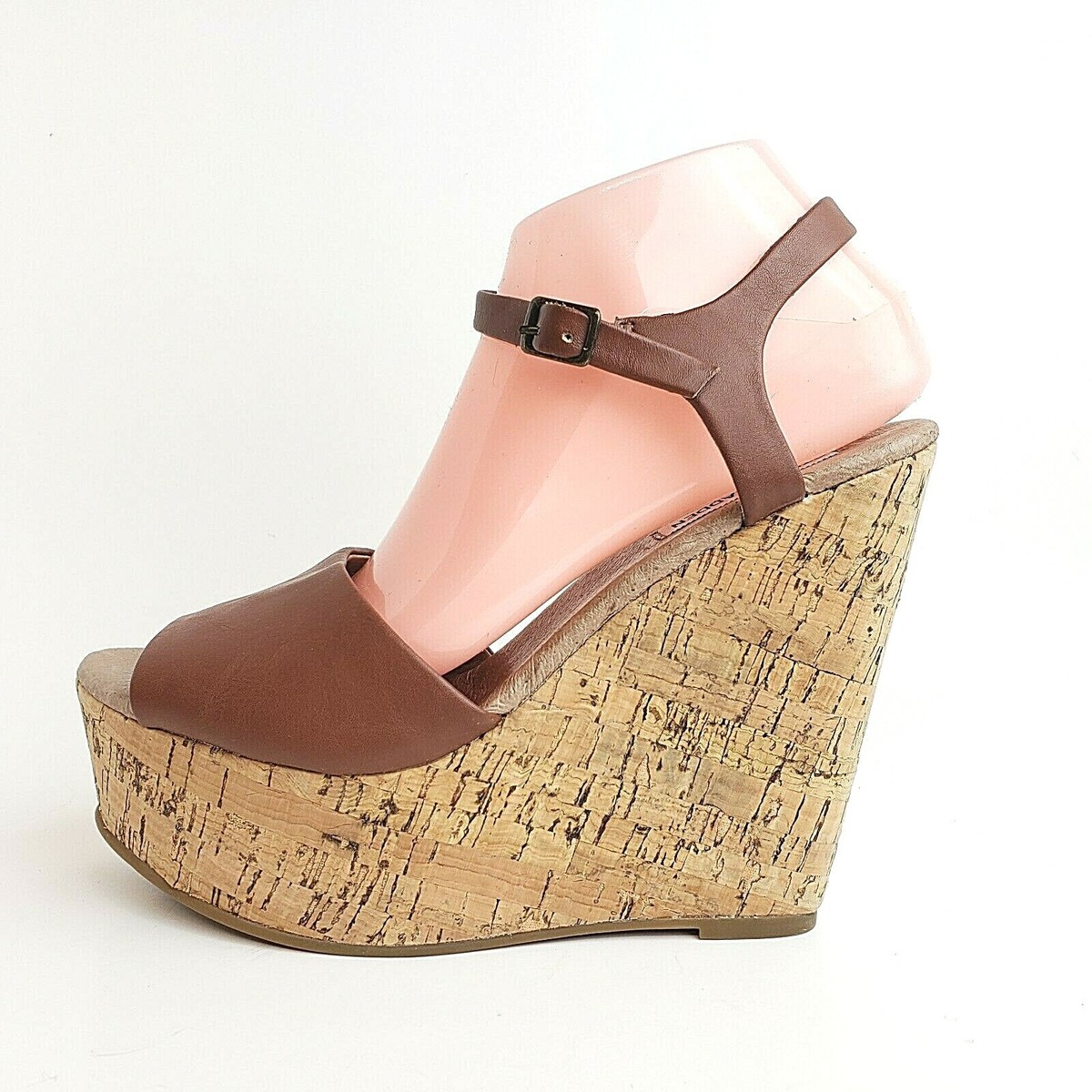 Steve Madden Korkey Wedge Sandals Size Brown Leather Cork Strap Buckle
