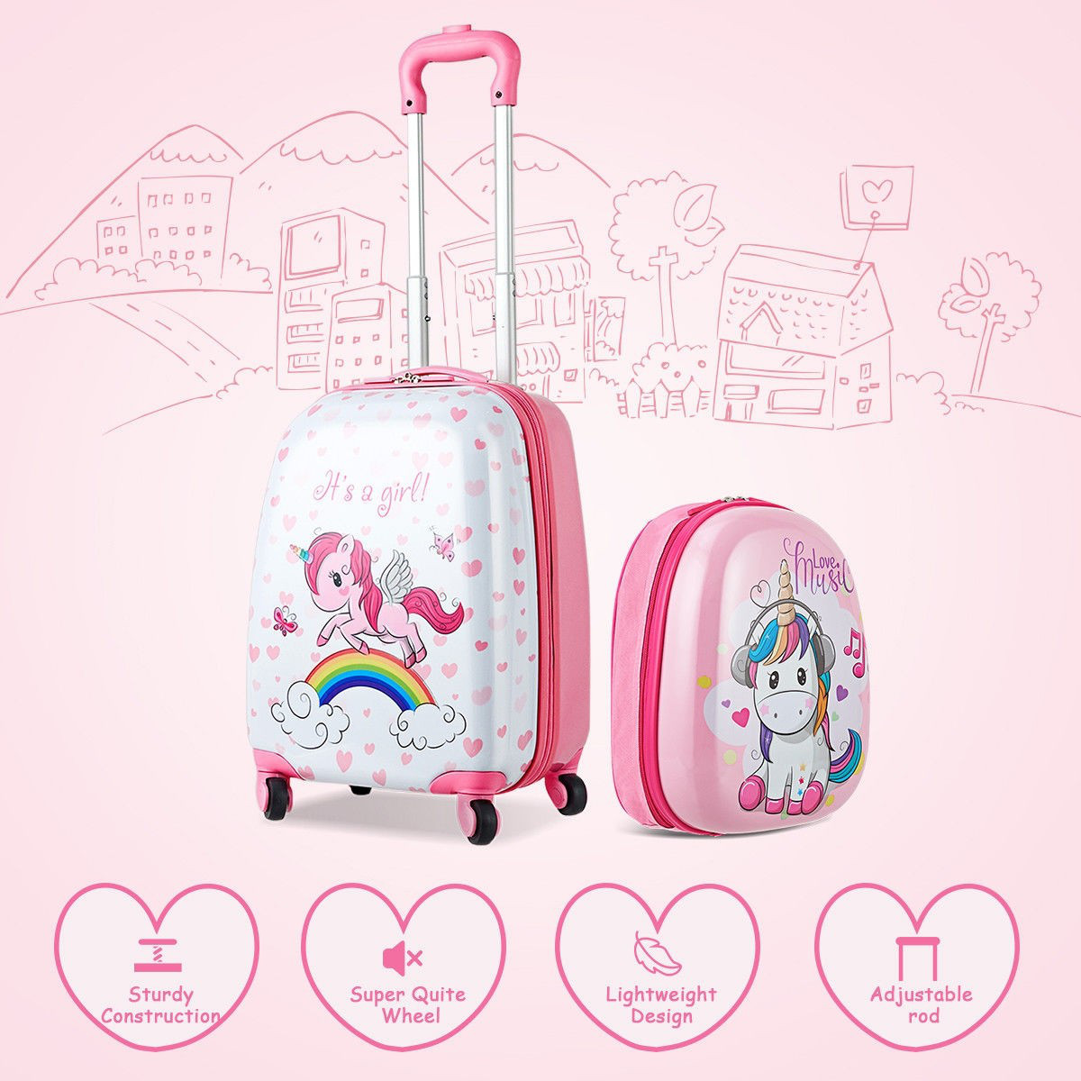 Set of 2 Kids Luggage for Girls 12-inch Backpack 16-inch Rolling Suitcases Trave