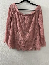 Miss Chevous Womens Size L Pink Lace Blouse Top 3/4 Sleeves Boho Off Shoulder