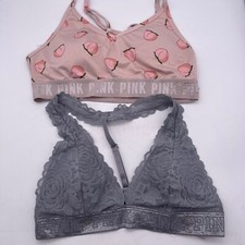 PINK Victorias Secret Women's Medium Lot of 2 Bralettes Gray Lace Peaches A7