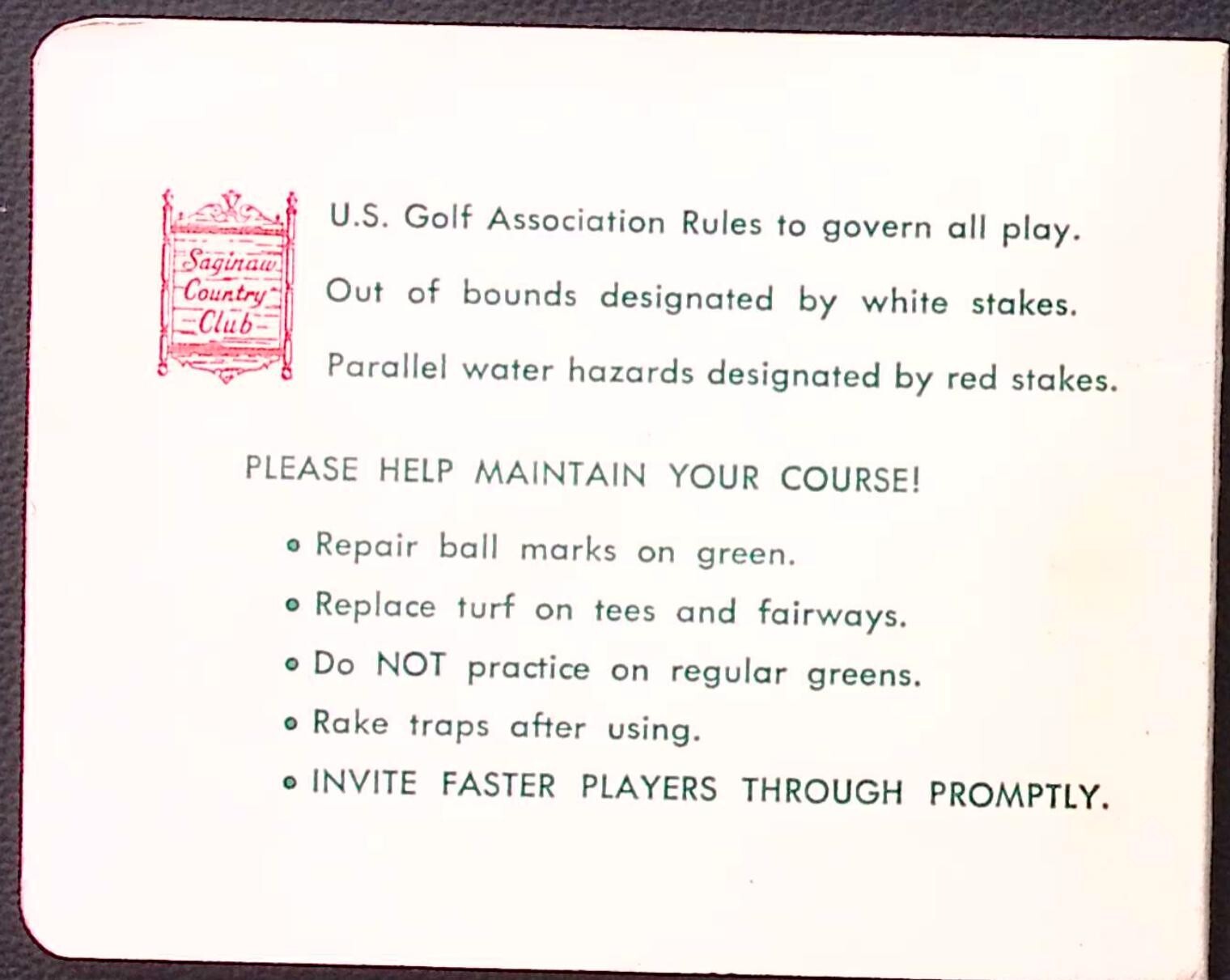 Saginaw MI Saginaw Country Club Golf Score Card c1960s