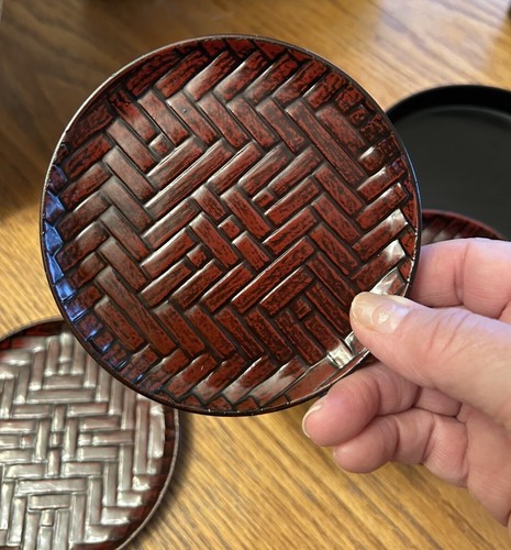 OTAGIRI Coaster Set Red Lacquerware Textured Faux Bamboo Set Of 6 Coasters Japan - Picture 4 of 9