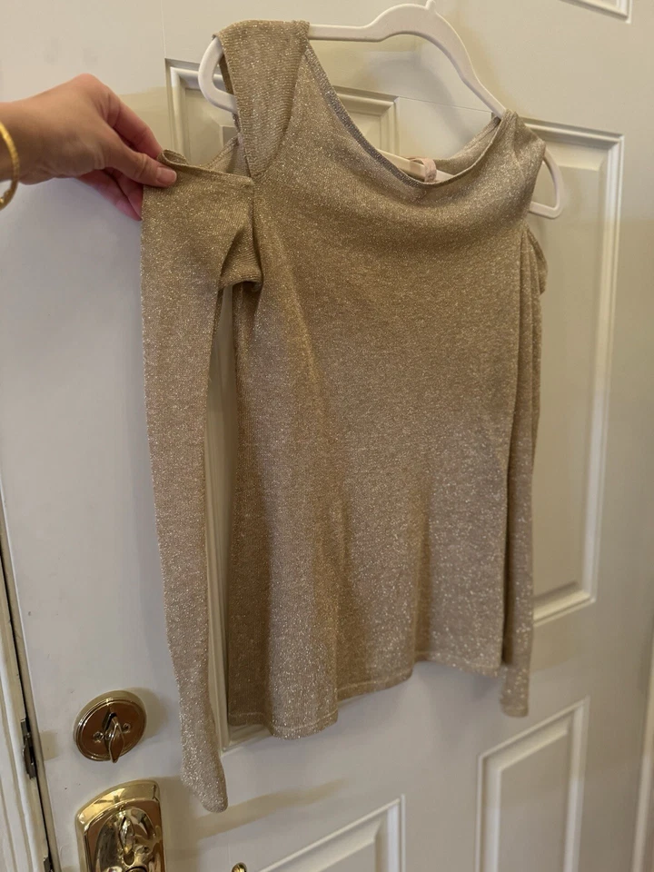 Bailey 44 Negro Sabbath Top Dorado Brillo Hombro Frío S $125 Suéter L/S Lino Foto 3 de 4