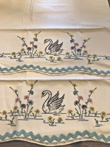Vintage Unused Embroidered Swans French Knot Flowers Muslin Ric Rak ...