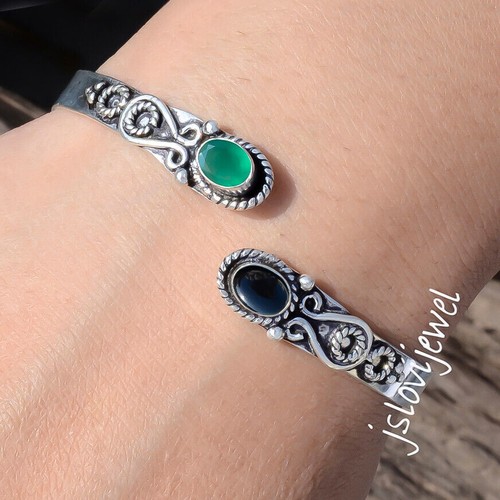 Bracelet Manchette En Argent 925 Sterling, Onyx Vert Et Péridot - Fait Main En Inde