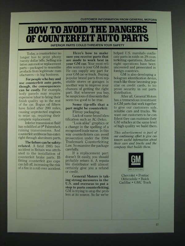 1986 GM General Motors Ad - How to Avoid the Dangers of Counterfeit Auto Parts