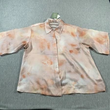 H&M Button-Up Top Large Watercolor Print Short Sleeve Blouse Peach S