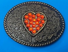 Red Rhinestone Heart Centered In Western Oval Rope Border Belt Buckle