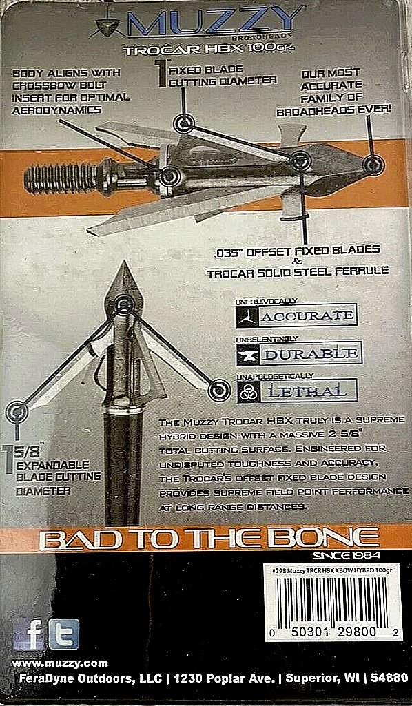 1 package Muzzy Archery Trocar HB Hybrid Mechanical 4 blade 100 Gr 3 Broadheads