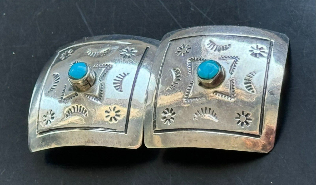 Taxco Nat. Amer. Design 925 Sterling Silver And Turquoise  Earrings Ear Clips View 2